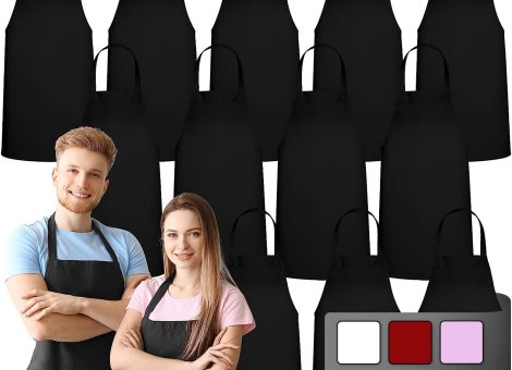 GREEN LIFESTYLE 12 Pack Bib Apron – Unisex Black Aprons, Machine Washable Aprons for Men and Women, Kitchen Cooking BBQ Aprons Bulk (Pack of 12, No Pockets, Black)