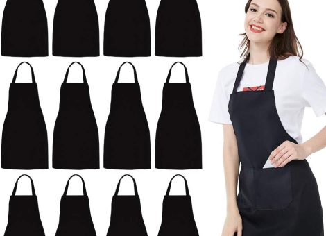 NOBONDO 12 Pack Bib Apron – Unisex Black Apron Bulk with 2 Roomy Pockets Machine Washable for Kitchen Crafting BBQ Drawing